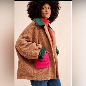 Anthropologie colorblocked oversized jacket brown pink green ONE SIZE